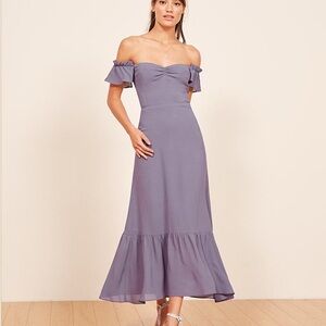 Reformation Purple Off Shoulder Butterfly Maxi Dress
